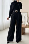 Tokalı Kemerli Beli Katlamalı Bol Paça Modal Krep Pantolon  -Siyah-Pantolon-421-10071-R01
