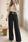 Tokalı Kemerli Beli Katlamalı Bol Paça Modal Krep Pantolon  -Siyah-Pantolon-421-10071-R01
