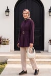 Tokalı Kemerli Duble Manşet Kol Gizli Düğmeli Poplin Tunik -Mürdüm
