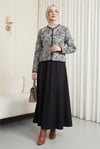 Top Düğme Etnik Desen Etekli Krep Takım -Siyah-Takım-349-8077-R01