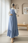 Top Düğmeli Altı Fırfırlı Beli Kemerli  Jile Elbise  -Bebe Mavi-Elbise-346-3063-R32