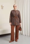 Top Düğmeli Cepli Kemerli Desenli Pantolonlu Dabıl Takım  -Taba-Takım-349-8092-R12