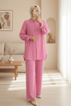 Top Düğmeli Kolu Bağcıklı Krinkıl Takım -Pembe-Takım-349-7065-R20