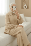Top Düğmeli Kolu Bağcıklı Krinkıl Takım -Bej-Takım-349-7065-R56