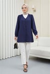 Top Düğmeli V Yaka Jakarlı Krinkıl Tunik  -Lacivert-Tunik-346-3092-R03