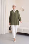 Top Düğmeli V Yaka Jakarlı Krinkıl Tunik  -Haki-Tunik-346-3092-R05