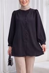 Top Düğmeli V Yaka Jakarlı Krinkıl Tunik  -Siyah-Tunik-346-3092-R01