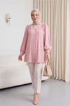 Top Düğmeli V Yaka Jakarlı Krinkıl Tunik  -Pembe-Tunik-346-3092-R20