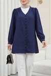 Top Düğmeli V Yaka Jakarlı Krinkıl Tunik  -Lacivert-Tunik-346-3092-R03