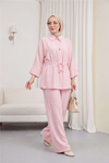 Tünel Bağcıklı Beli Lastikli Pantolonlu Pamuklu Krinkıl Takım   -Pembe-Takım-317-2455-R20