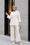 Tünel Bağcıklı Beli Lastikli Pantolonlu Pamuklu Krinkıl Takım  -Ekru-Takım-317-2455-R07