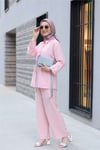 Tünel Bağcıklı Beli Lastikli Pantolonlu Pamuklu Krinkıl Takım   -Pembe-Takım-317-2455-R20