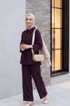 Tünel Bağcıklı Beli Lastikli Pantolonlu Pamuklu Krinkıl Takım   -Mürdüm-Takım-317-2455-R09