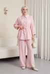 Tünel Bağcıklı Beli Lastikli Pantolonlu Pamuklu Krinkıl Takım   -Pembe-Takım-317-2455-R20