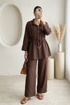 Tünel Bağcıklı Beli Lastikli Pantolonlu Pamuklu Krinkıl Takım -Kahve-Takım-317-2455-R15