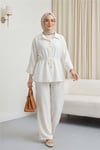 Tünel Bağcıklı Beli Lastikli Pantolonlu Pamuklu Krinkıl Takım  -Ekru-Takım-317-2455-R07