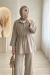 Tünel Bağcıklı Beli Lastikli Pantolonlu Pamuklu Krinkıl Takım -Vizon-Takım-317-2455-R23