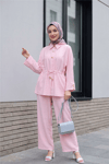 Tünel Bağcıklı Beli Lastikli Pantolonlu Pamuklu Krinkıl Takım   -Pembe-Takım-317-2455-R20