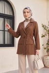 Tünel Bağcıklı Cep Detaylı Keten Görünümlü Kimono -Kahverengi