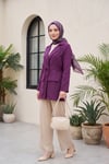 Tünel Bağcıklı Cep Detaylı Keten Görünümlü Kimono -Mürdüm