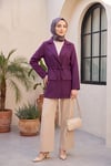Tünel Bağcıklı Cep Detaylı Keten Görünümlü Kimono -Mürdüm
