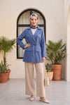 Tünel Bağcıklı Cep Detaylı Keten Görünümlü Kimono -İndigo