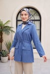 Tünel Bağcıklı Cep Detaylı Keten Görünümlü Kimono -İndigo