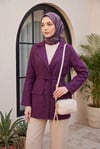 Tünel Bağcıklı Cep Detaylı Keten Görünümlü Kimono -Mürdüm