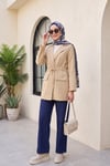 Tünel Bağcıklı Cep Detaylı Keten Görünümlü Kimono -Vizon