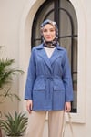 Tünel Bağcıklı Cep Detaylı Keten Görünümlü Kimono -İndigo