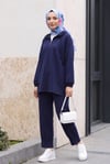 Tünel Bağcıklı Dik Yaka  Arkası Uzun Pantolonlu Likralı Takım -Lacivert