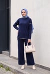 Uçları Fitilli Desenli Pantolonlu Triko Takım  -Lacivert