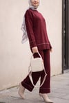 Uçları Fitilli Desenli Pantolonlu Triko Takım  -Bordo