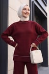 Uçları Fitilli Desenli Pantolonlu Triko Takım  -Bordo