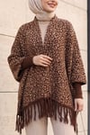 Uçları Püsküllü Kol Manşet Detaylı Triko Panço   -Leopar