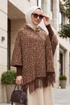 Uçları Püsküllü Kol Manşet Detaylı Triko Panço   -Leopar