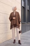 Uçları Püsküllü Kol Manşet Detaylı Triko Panço   -Leopar