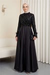 Üstü Pul Payet Kolları Tüylü Eteği Saten Abiye -Siyah-Abiye-316-4796-R01