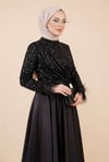 Üstü Pul Payet Kolları Tüylü Eteği Saten Abiye -Siyah-Abiye-316-4796-R01