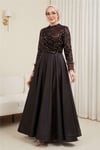 Üstü Pul Payet Kolları Tüylü Eteği Saten Abiye -K. Kahve-Abiye-316-4796-R54