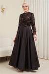 Üstü Pul Payet Kolları Tüylü Eteği Saten Abiye -K. Kahve-Abiye-316-4796-R54