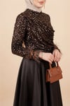 Üstü Pul Payet Kolları Tüylü Eteği Saten Abiye -K. Kahve-Abiye-316-4796-R54