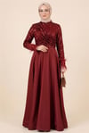 Üstü Pul Payet Kolları Tüylü Eteği Saten Abiye -Bordo-Abiye-316-4796-R04