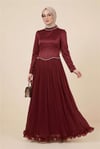 Üstü Saten Altı Janjan Şifon Taş Detaylı Volanlı Abiye  -Bordo-Abiye-316-4871-R04