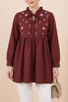 V Yaka Bağlamalı Yakası Fırfırlı Çiçek Nakışlı Poplin Tunik -Bordo-Tunik-349-8051-R04