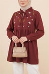 V Yaka Bağlamalı Yakası Fırfırlı Çiçek Nakışlı Poplin Tunik -Bordo-Tunik-349-8051-R04