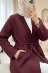 V Yaka Beli Bağcıklı Cepli Düğmeli Kap -Bordo-Trençkot-253-12983-R04