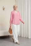 V Yaka Düğmeli Arkası Uzun Gömlek -Pembe-Gömlek-223-30091-R20