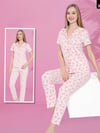 V Yaka Düğmeli Çiçek Desenli Kısa Kollu Pijama Takımı -Pudra-Pijama-416-55750-R06