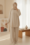 V Yaka Düğmeli Pantolonlu Ayrobin Takım -Bej-Takım-349-7045-R56